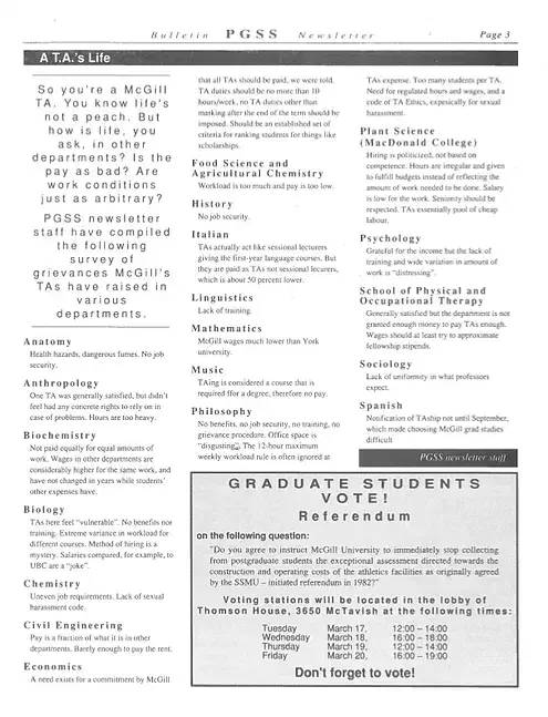 PGSS survey of TA grievances raised in various McGill departments, PGSS Newsletter Vol. 8 No. 5 (March 1992). AGSEM Archives, Vol. 4.1 “Posters and Communications.”