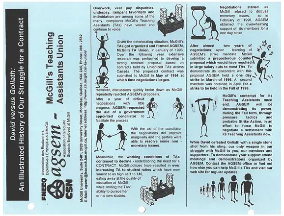 “David versus Goliath: An Illustrated History of Our Struggle for a Contract,” AGSEM pamphlet (1997). AGSEM Archives, Vol. 3.1 “1997 Bargaining Documents.”