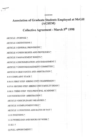 First AGSEM Collective Agreement with McGill (March 1998). AGSEM Archives, Vol. 3.1 “First Collective Agreement TA Bargaining.”