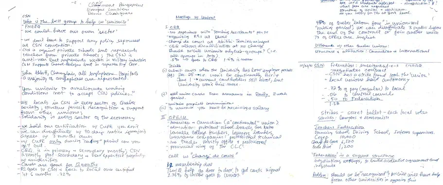 Handwritten notes by an AGSEM organizer from meetings with different potential parent unions: CEQ, OPEIU, CSN (1991). AGSEM Archives, Vol. 4.1 “Affiliation to CSN.”